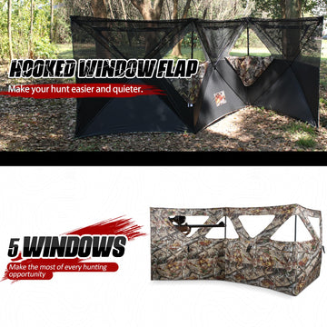 ShedOFF See Through 3-Panel Hunting Blind open-setup image emphasizes spacious panel coverage for gear.