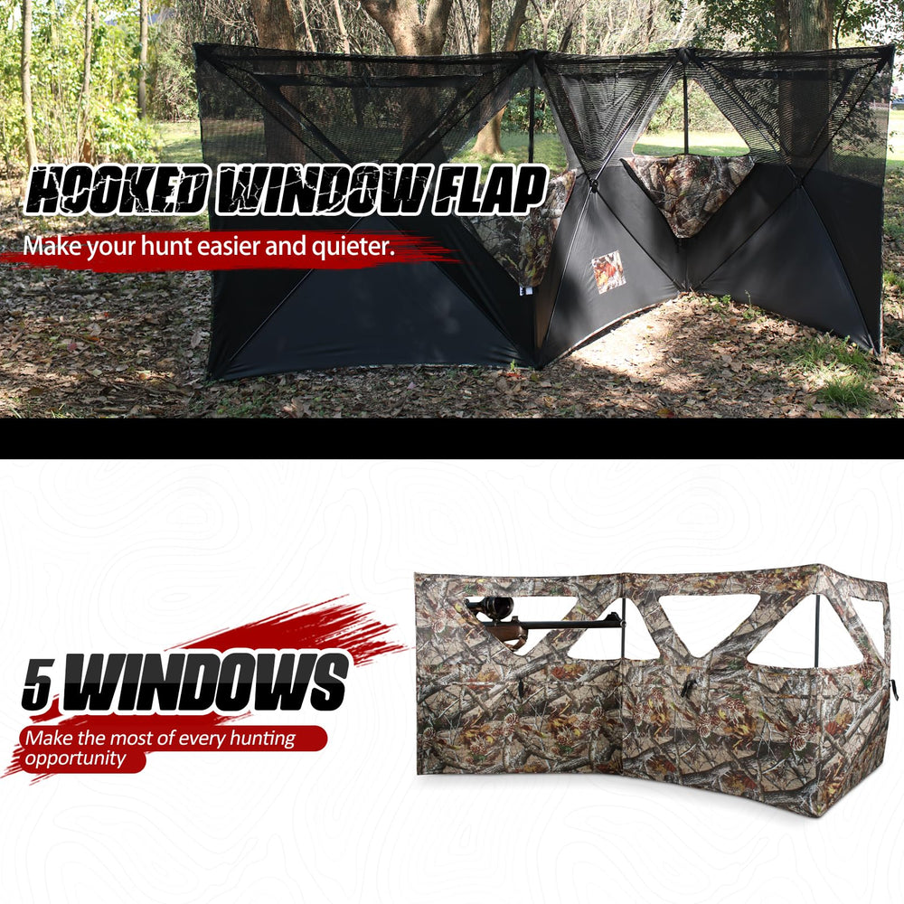 ShedOFF See Through 3-Panel Hunting Blind open-setup image emphasizes spacious panel coverage for gear.