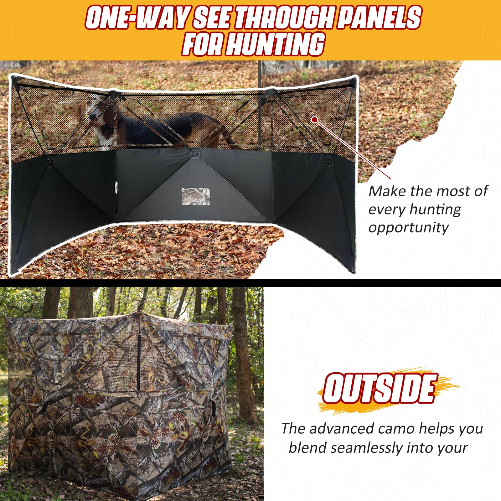 ShedOFF See Through 3-Panel Hunting Blind side view highlights windproof protection in rough weather.