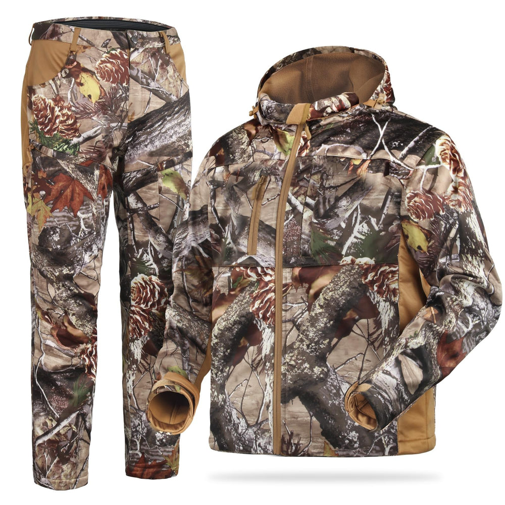 ShedOFF silent hunting jacket front view in pine cones camo for quiet stalking