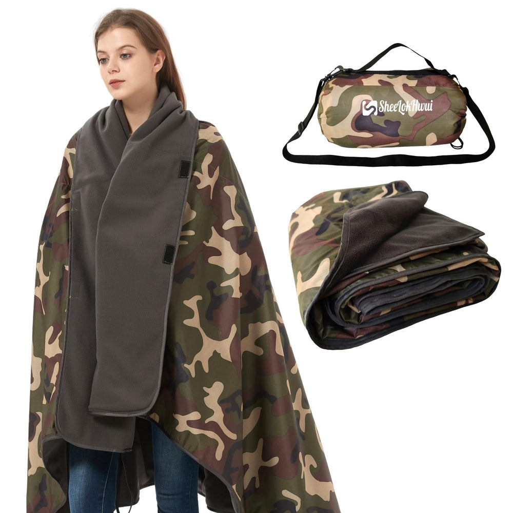 Sheelokhwui 4-in-1 camouflage blanket folded for portable camping warmth.