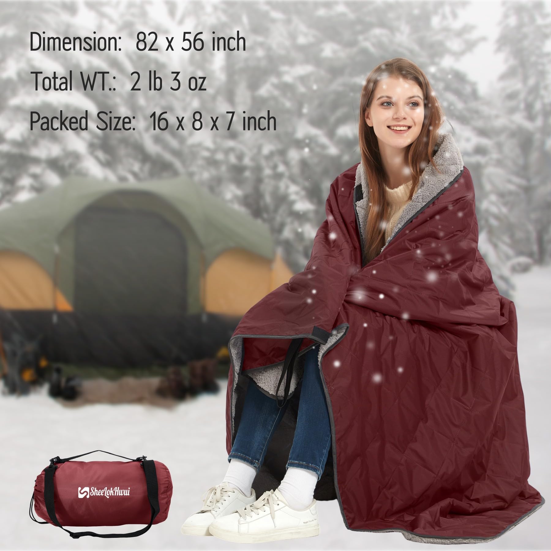 Sheelokhwui Sherpa blanket snapped into poncho for hands-free outdoor warmth.