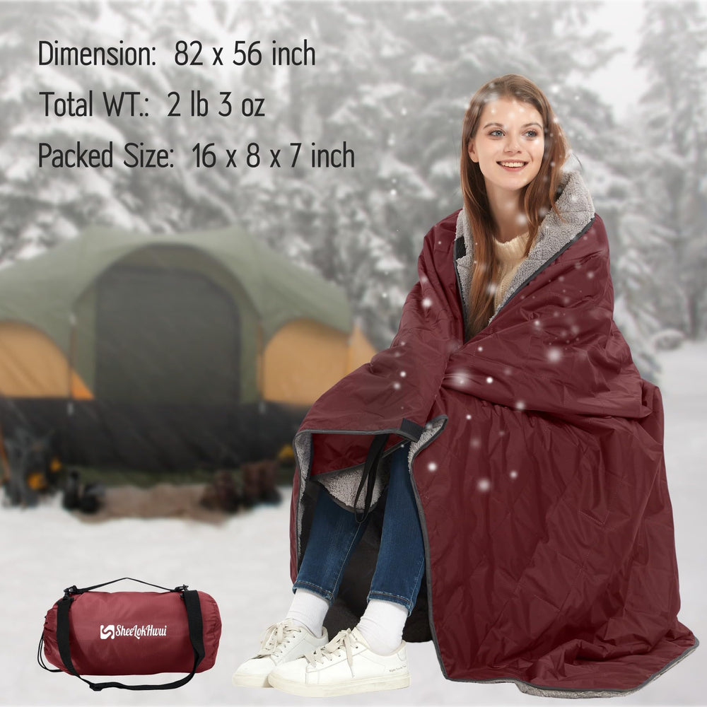 Sheelokhwui Sherpa blanket snapped into poncho for hands-free outdoor warmth.