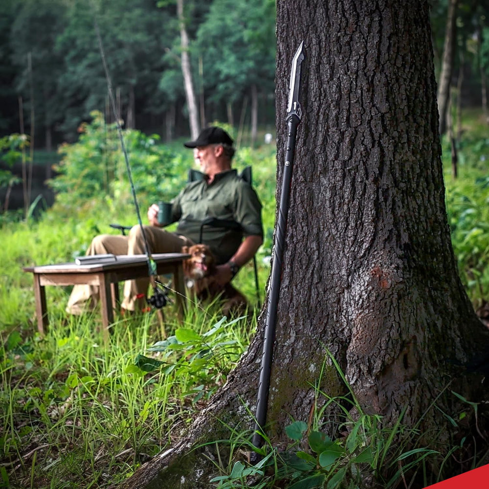 Outdoor camp setup featuring the STAK Tac Javelin Spear