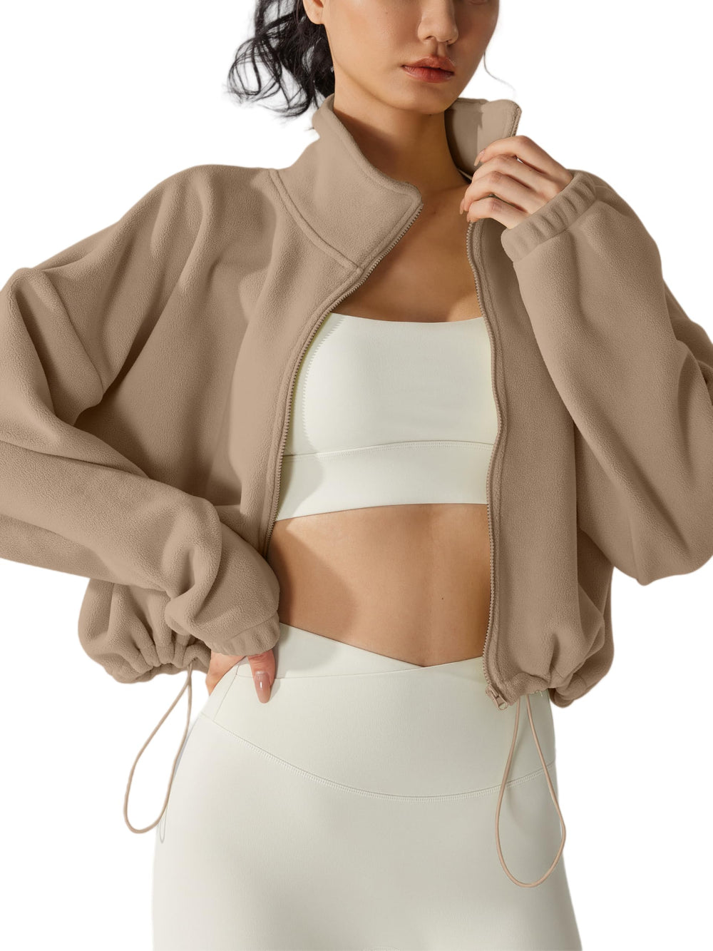SHELOOKS camel fleece short jacket with full zip keeps you warm during commutes.
