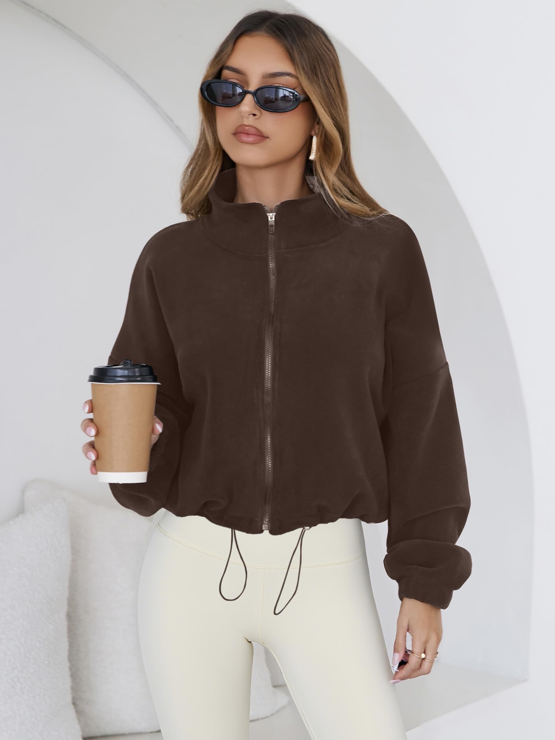 SHELOOKS coffee fleece short jacket casual daywear under chilly conditions