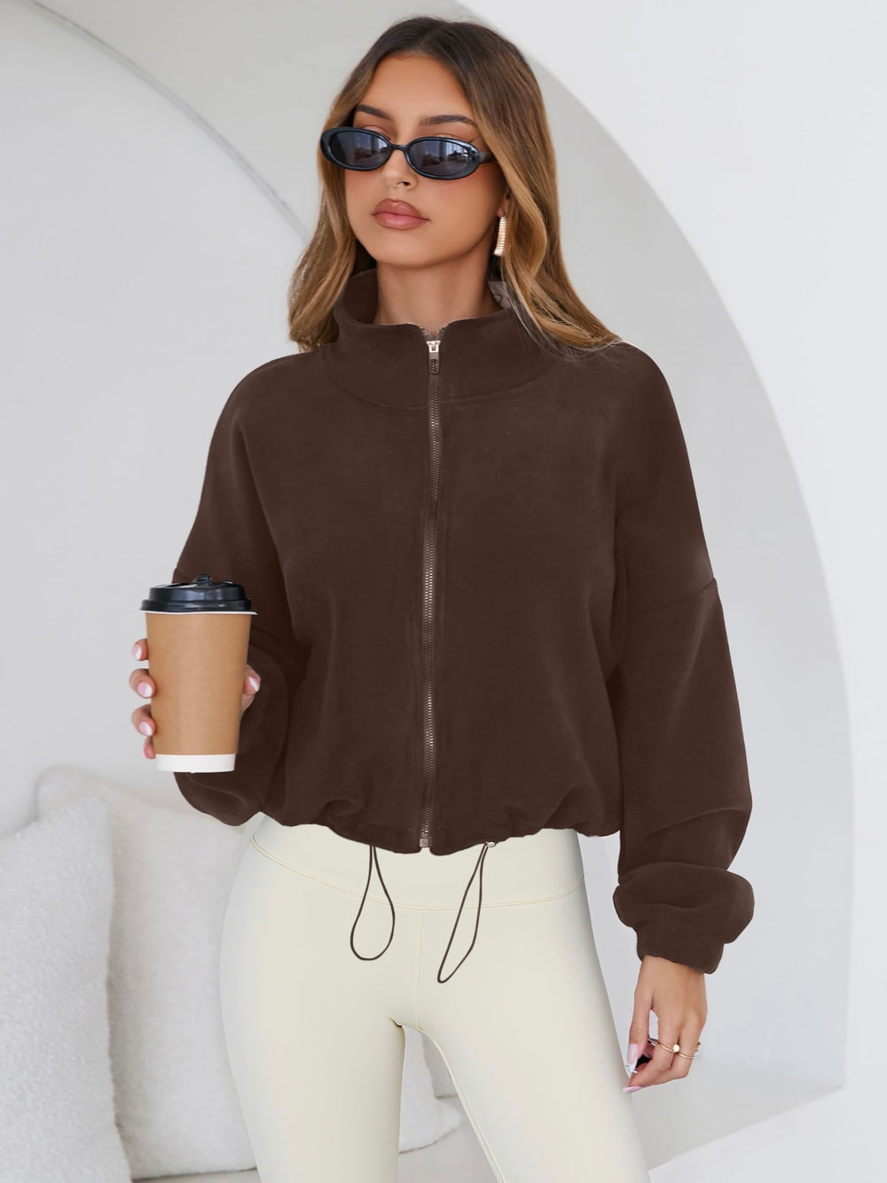 SHELOOKS coffee fleece short jacket casual daywear under chilly conditions