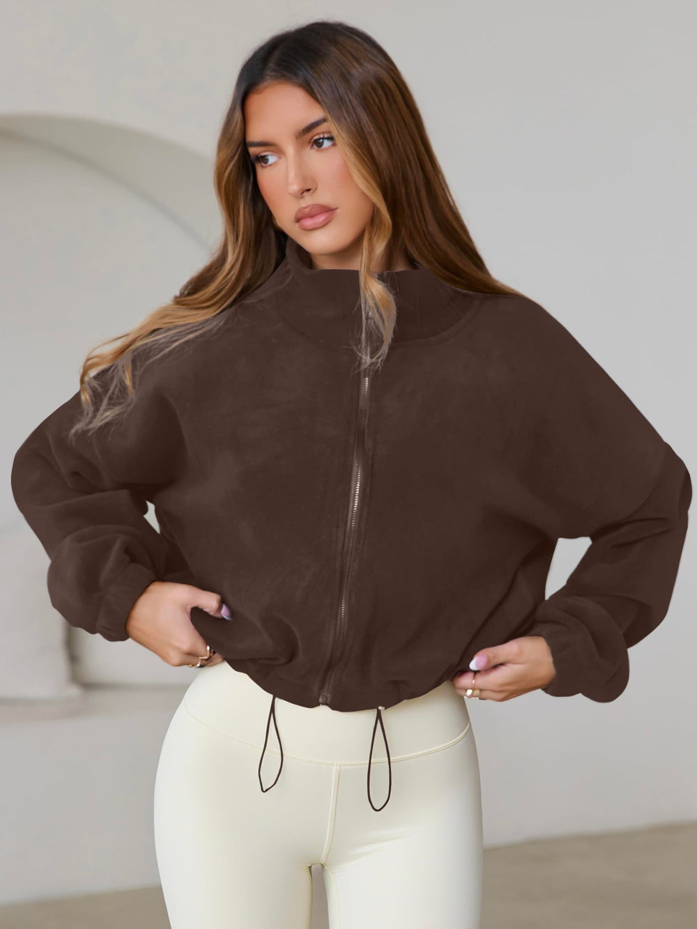 SHELOOKS coffee fleece short jacket with full zip for easy temperature control