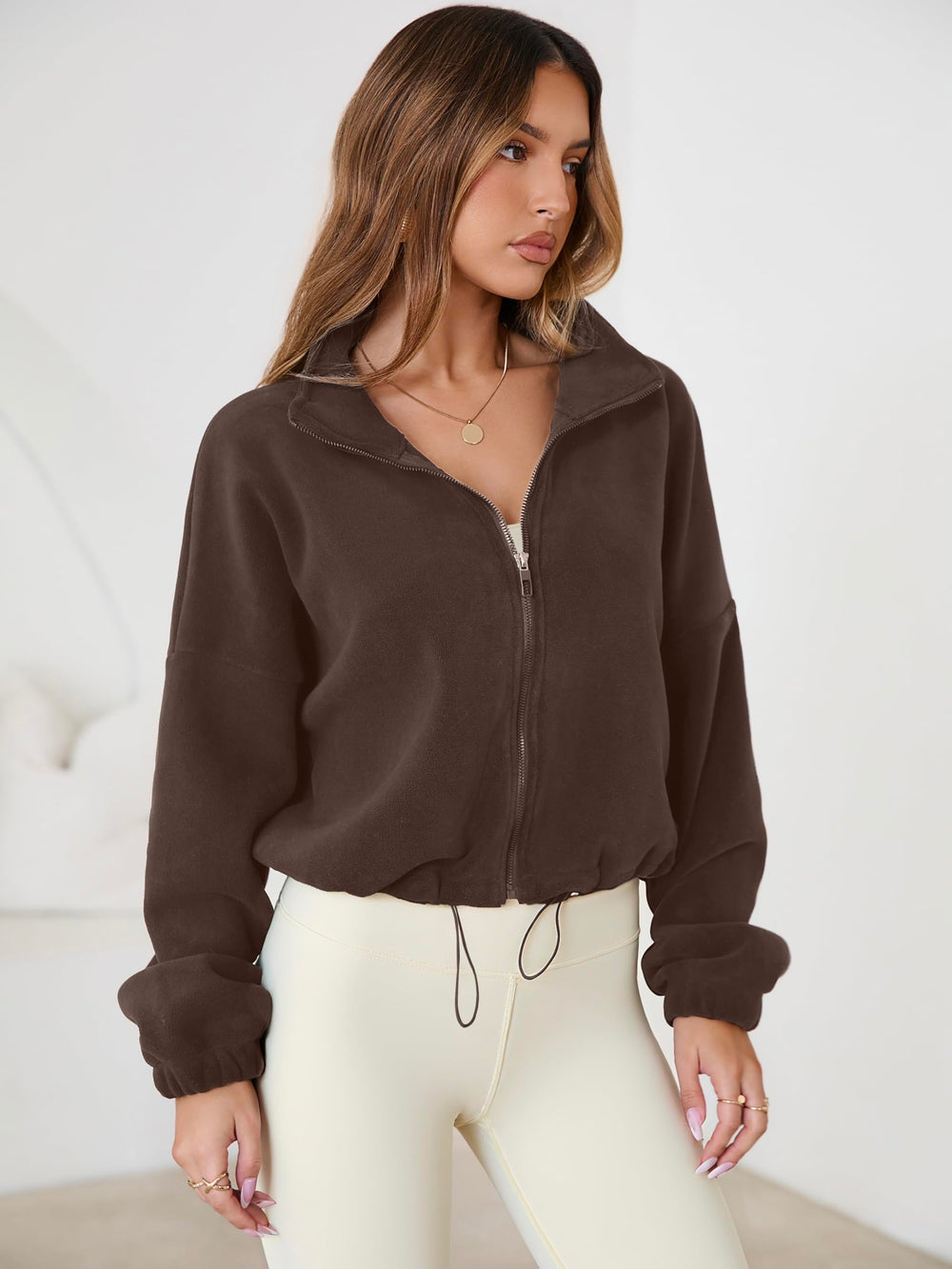 SHELOOKS coffee fleece short jacket sherpa texture adds soft warmth
