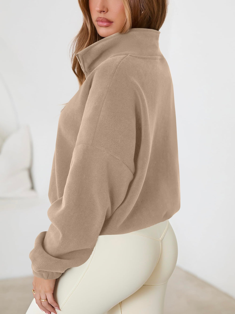 SHELOOKS Women's Casual Fleece Short Jacket Camel drawstring-hem allows adjustable layering