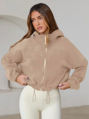 SHELOOKS Women's Casual Fleece Short Jacket Camel stand-collar close-up shows cozy texture