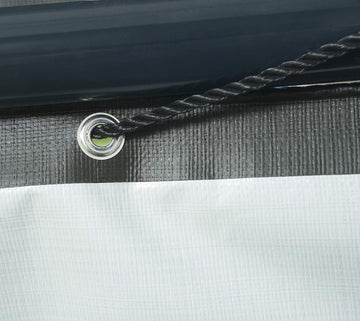 ShelterLogic ratchet-tite end panel keeps drum-tight fit.