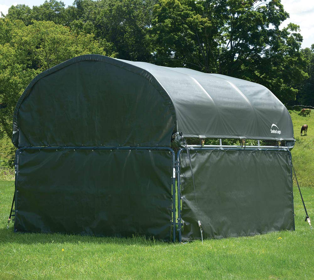 ShelterLogic waterproof cover shields animals from moisture and sun.