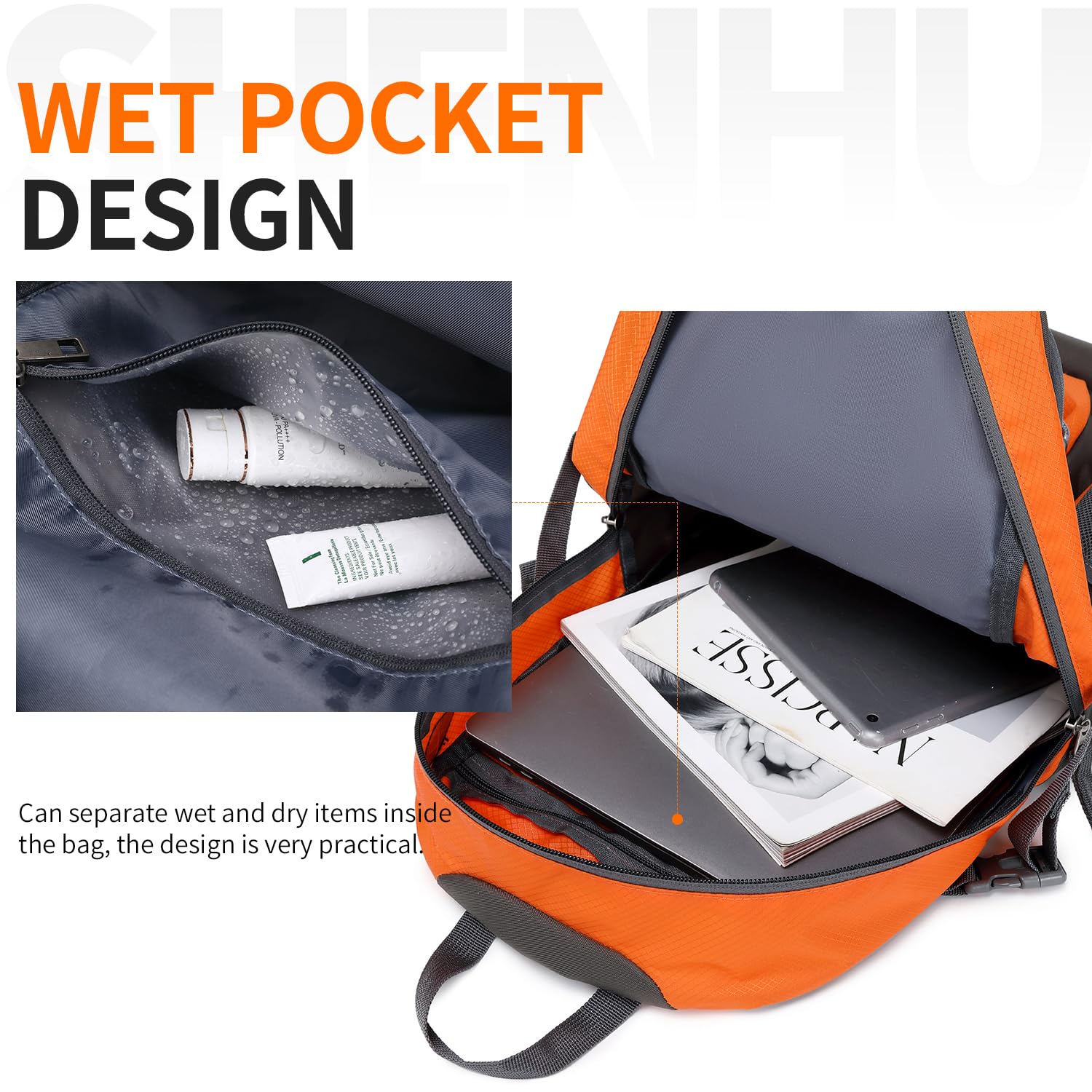 SHENHU 40L hiking backpack folded-in-pocket shows portable travel convenience.