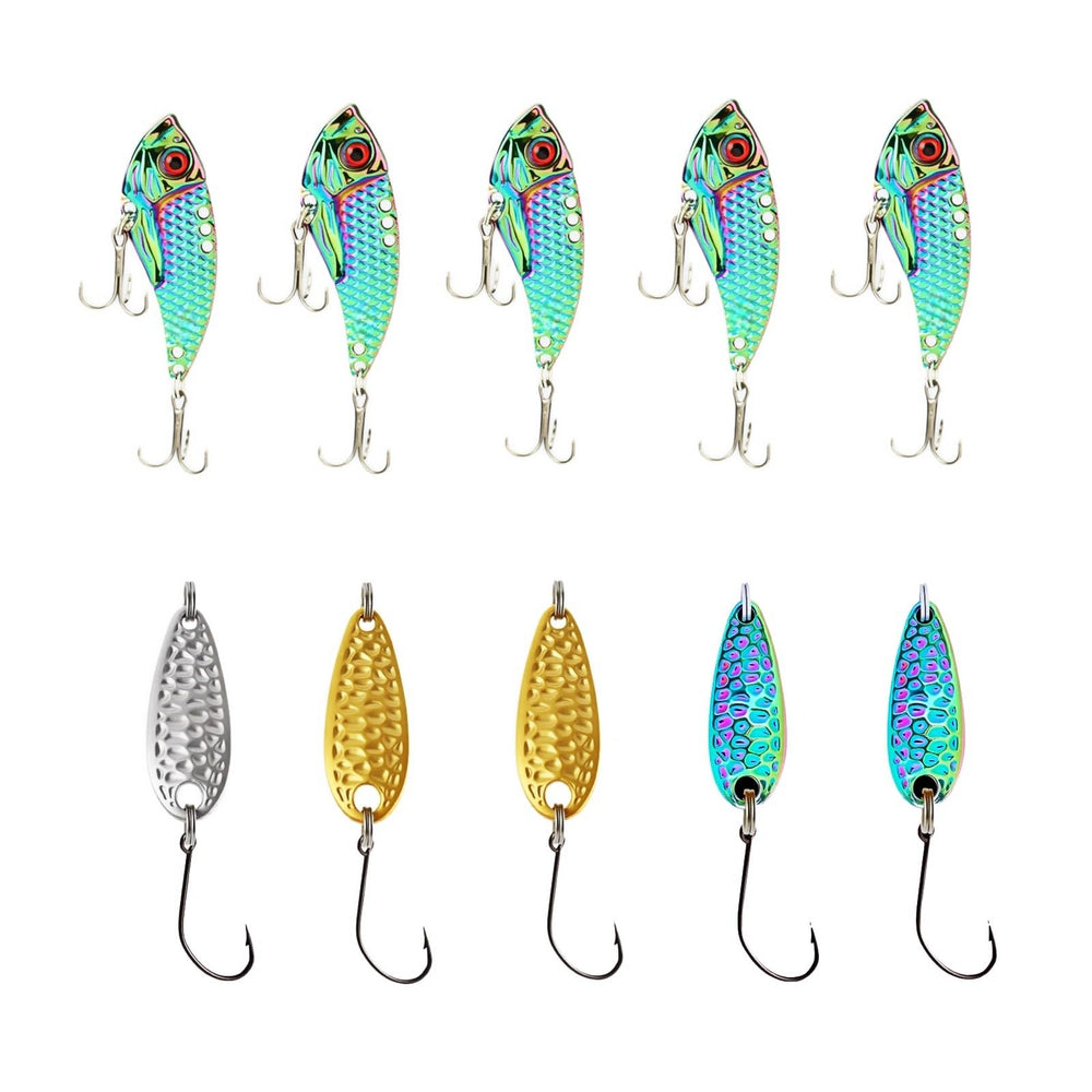 SHIAWASENA 10-piece inline spinner kit with dragon scale vib lures displayed