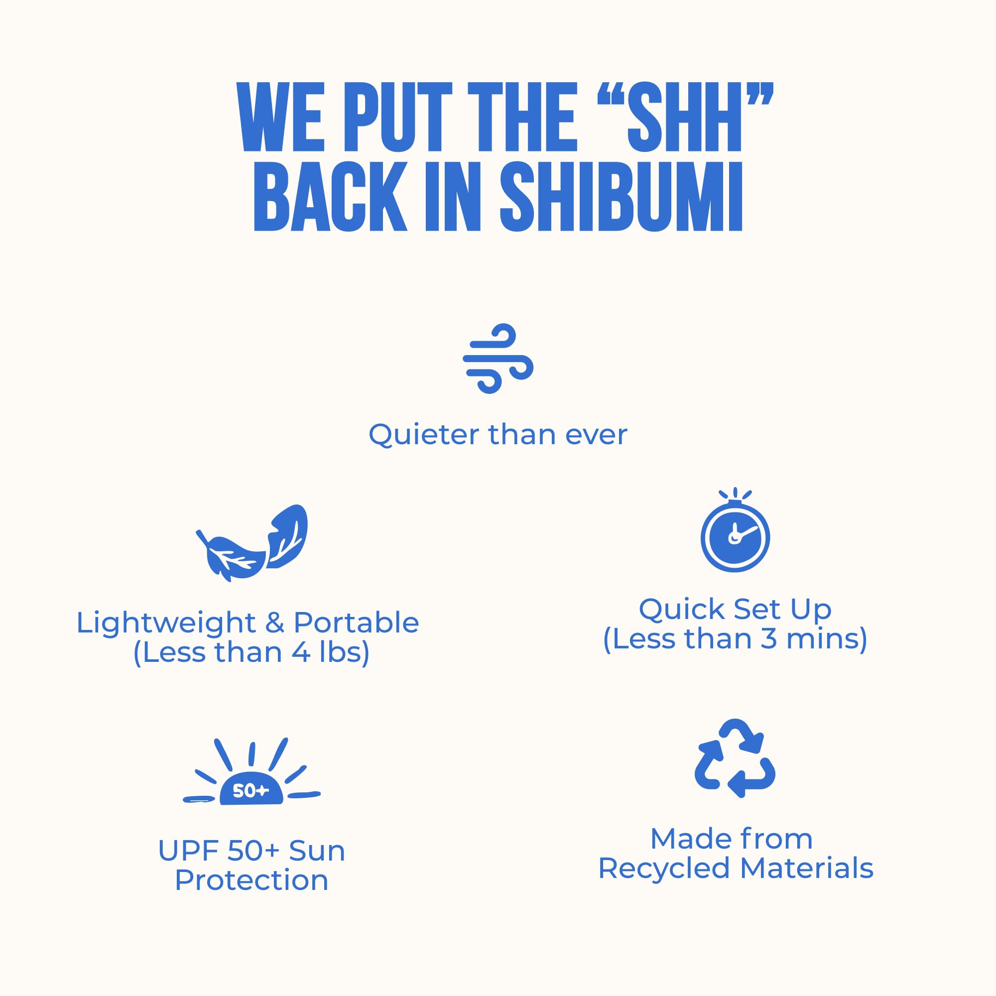Shibumi Shade Mini setup in sand shows wind-powered stability at the shore.