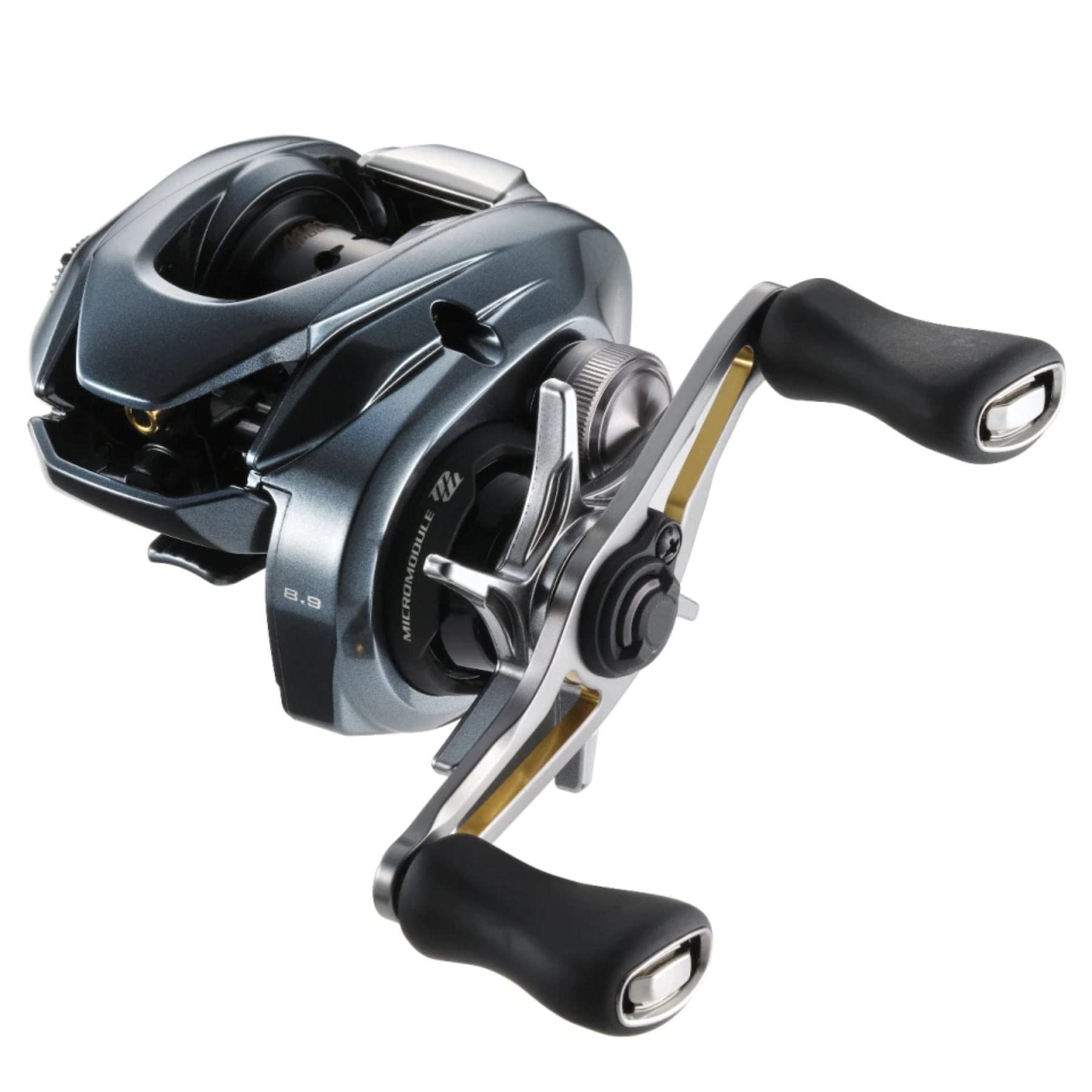 Close-up of SHIMANO Aldebaran BFS 2022 XG Left Grey fishing reel showing body, spool, and handle.