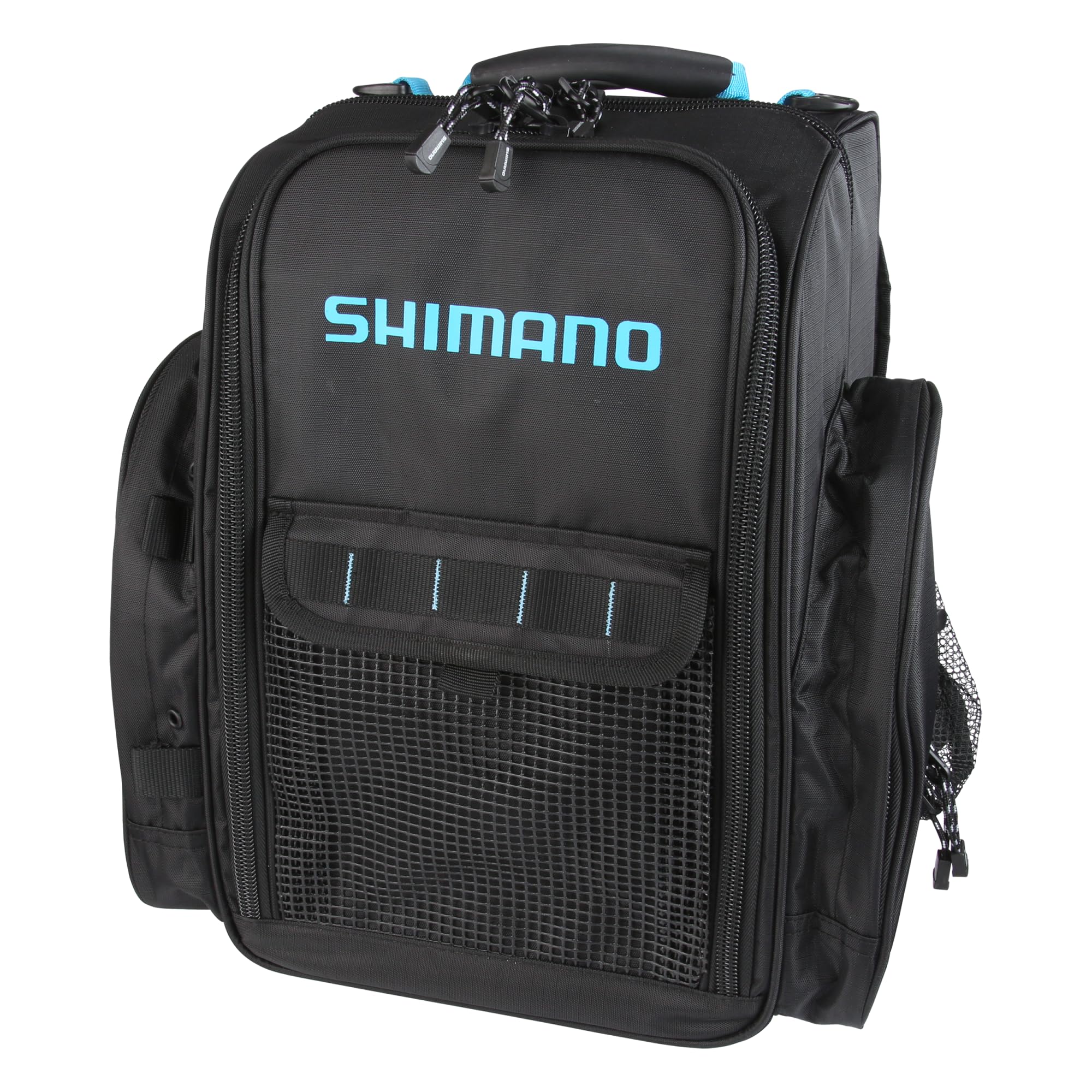 Shimano Blackmoon FR front-load backpack showing four 3600 tackle trays for quick access