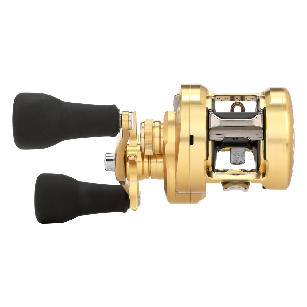 SHIMANO Calcutta Conquest MD side profile emphasizes ergonomic grip for long sessions.