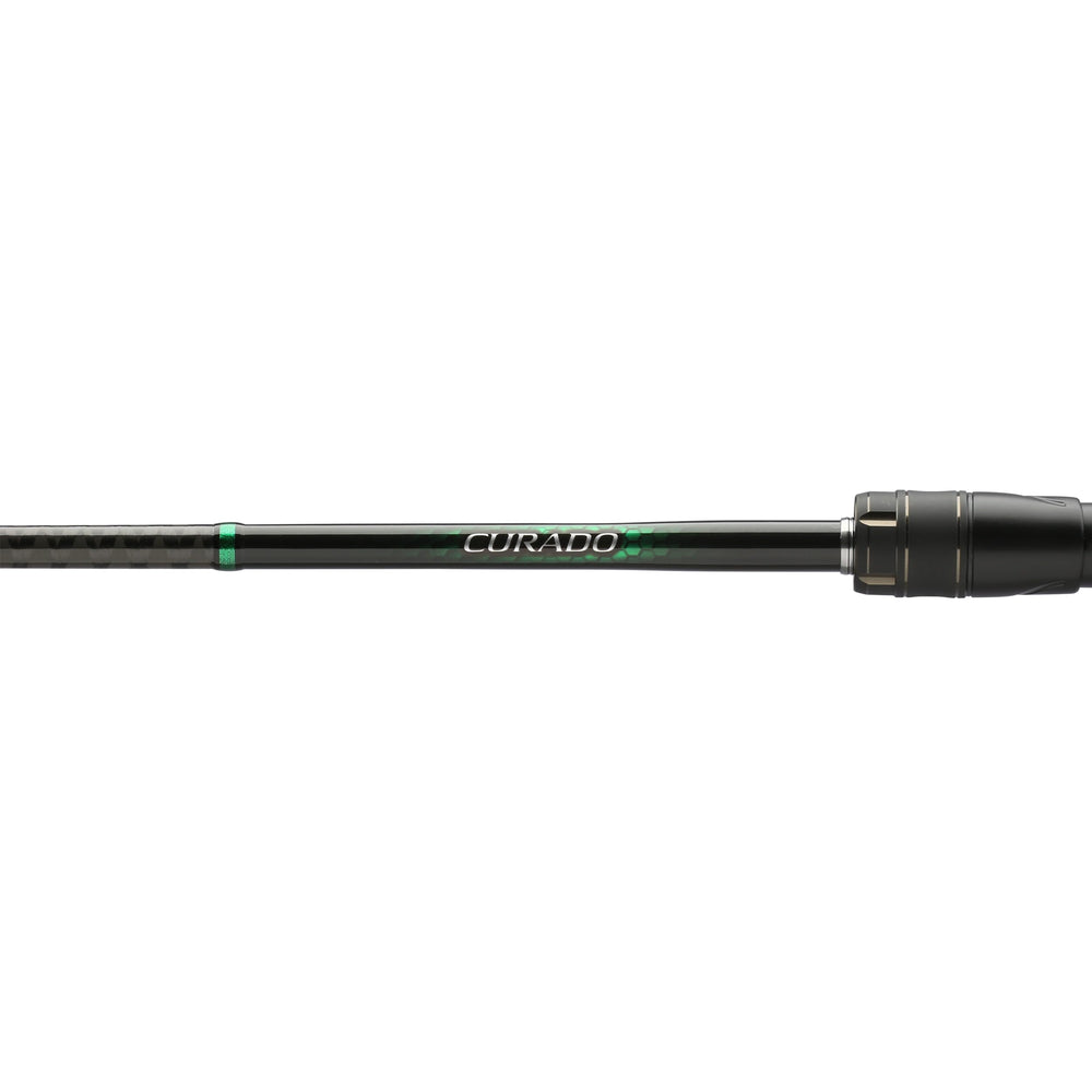 SHIMANO Curado spinning rod near reel seat, emphasizing lightweight CI4+ for reduced fatigue.