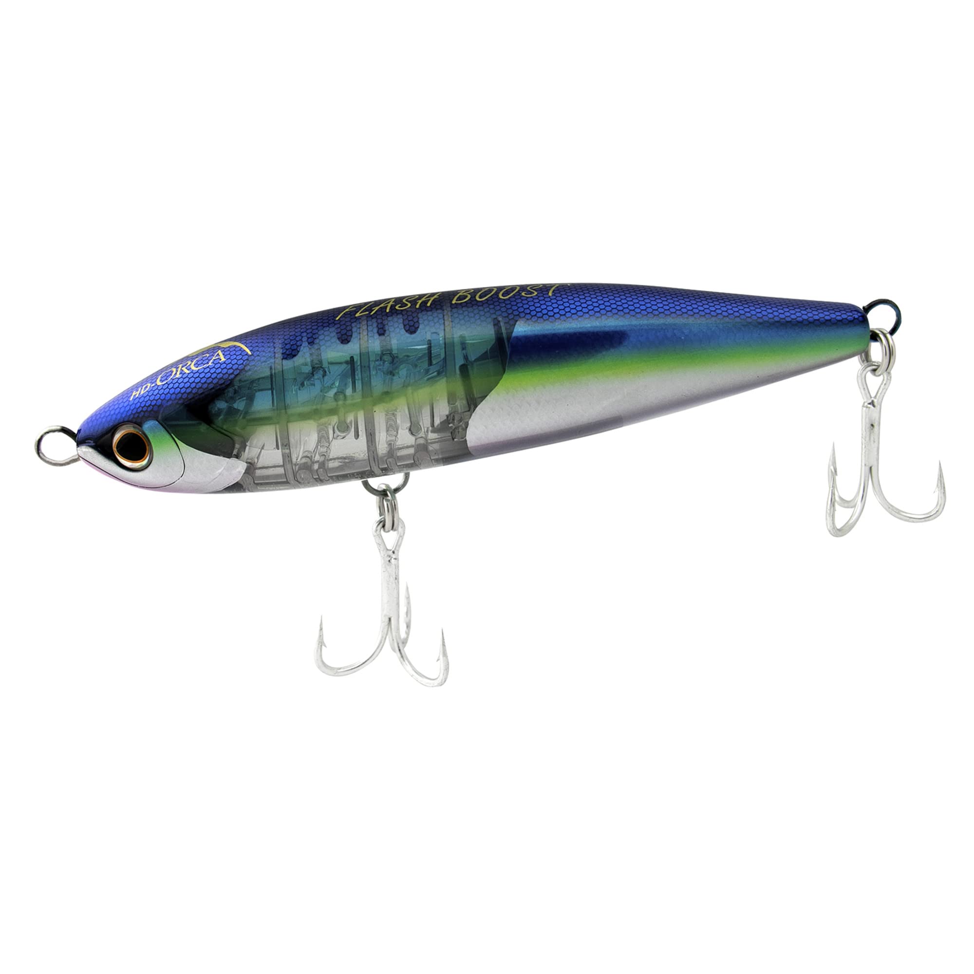 SHIMANO HD-ORCA Flash Boost lure in blue-pink with lifelike scales attracts fish.