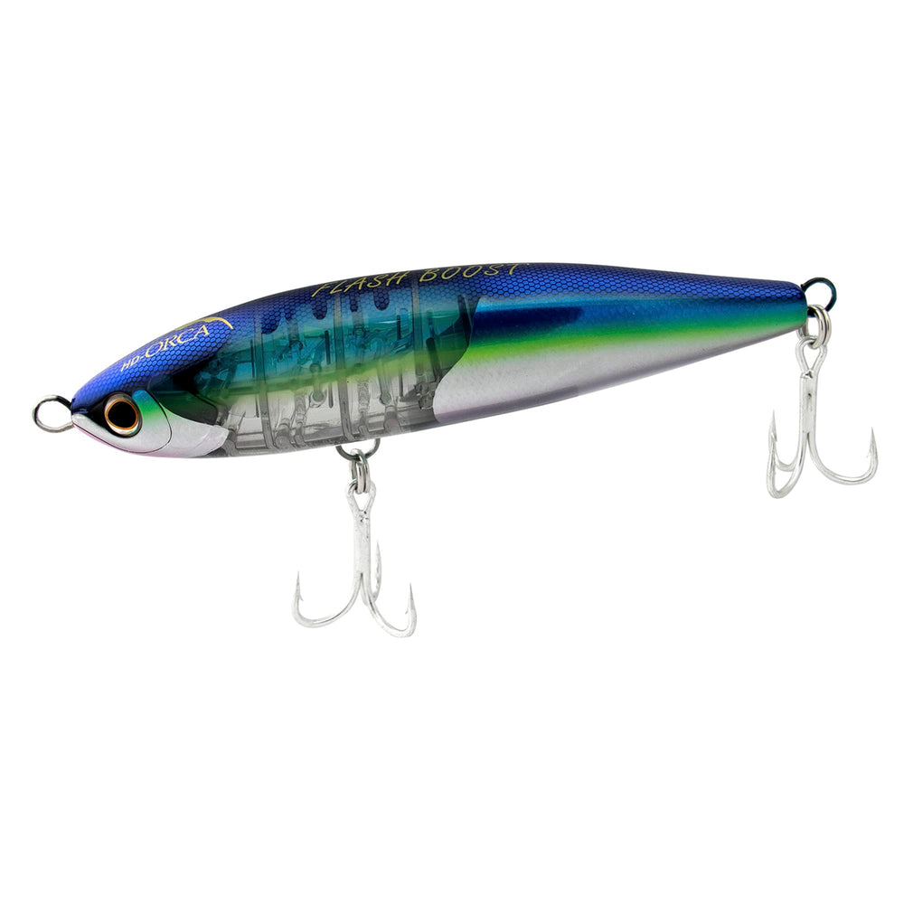 SHIMANO HD-ORCA Flash Boost lure in blue-pink with lifelike scales attracts fish.