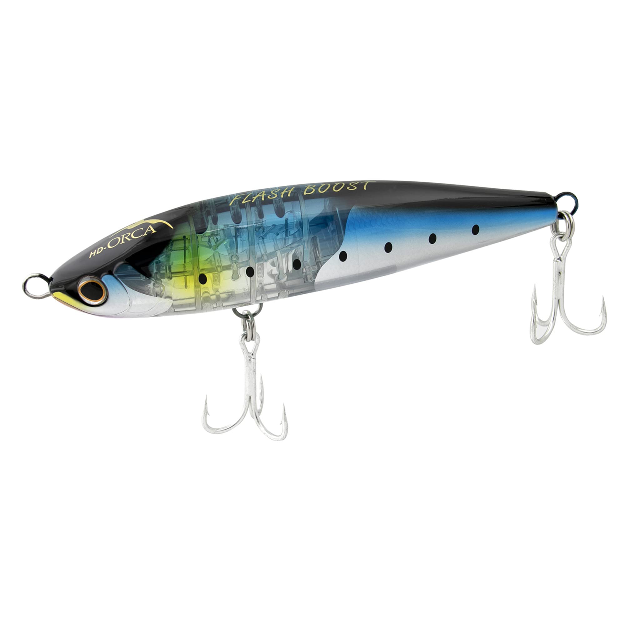 SHIMANO HD-ORCA Flash Boost lure with blue sardine pattern for lifelike topwater attraction.