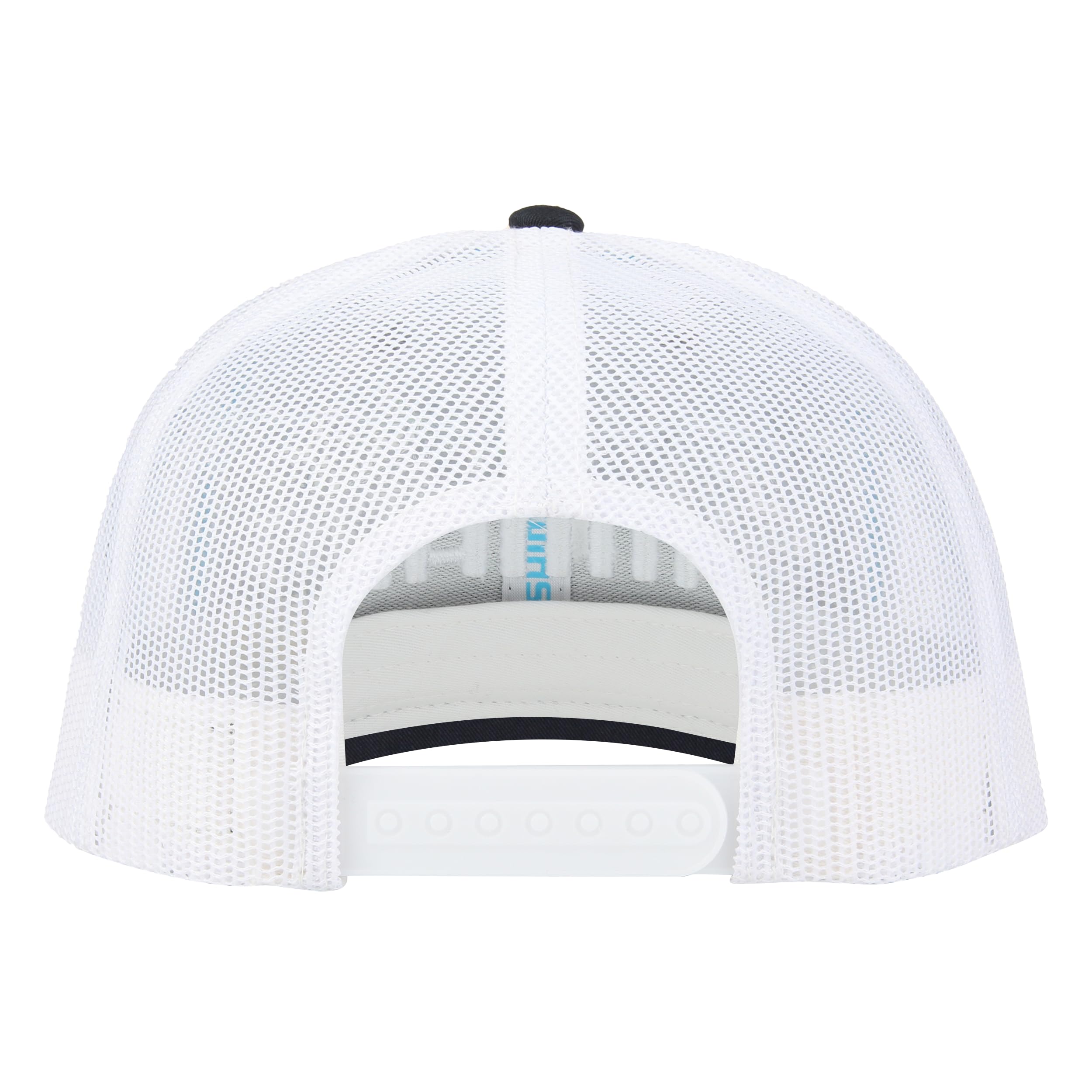 SHIMANO Low Pro Cap navy-white, side angle, breathable fabric for quick-drying comfort