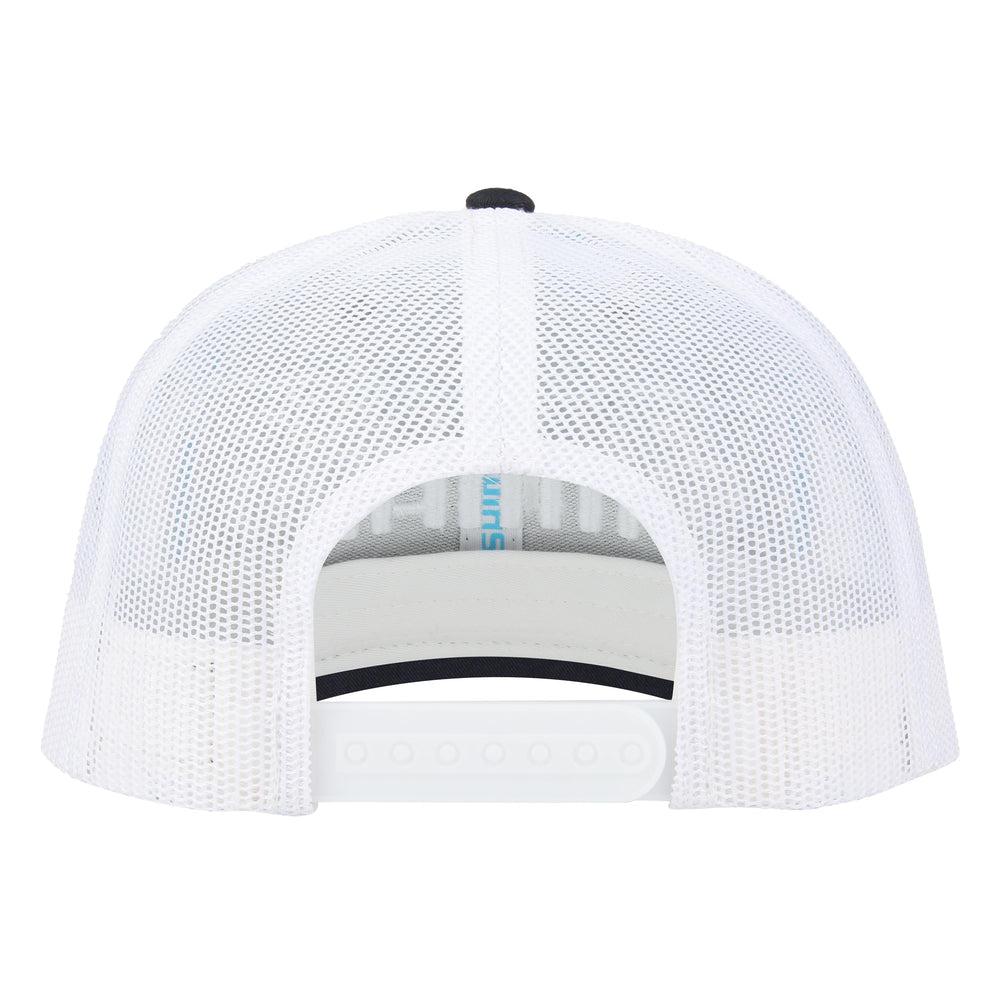 SHIMANO Low Pro Cap navy-white, side angle, breathable fabric for quick-drying comfort