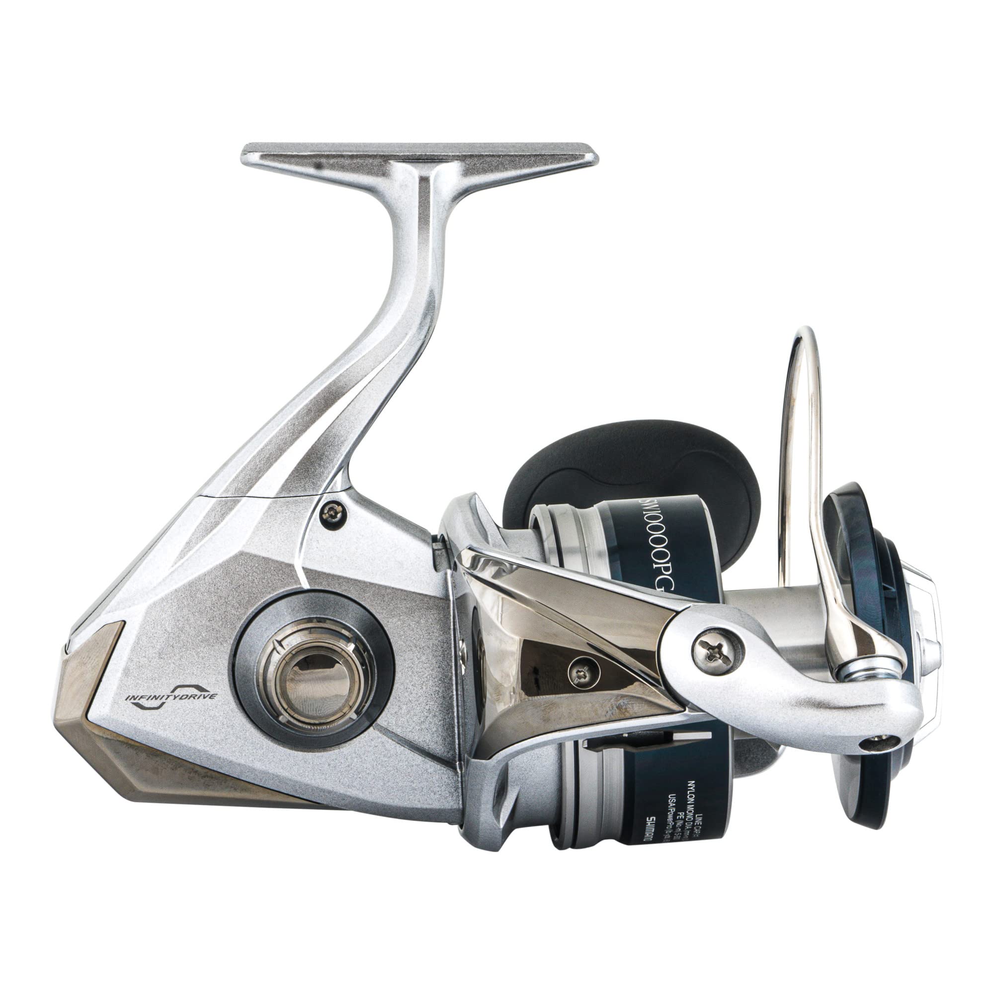 SHIMANO SARAGOSA SW A 10000PG body closeup showing rugged saltwater reel build for durability