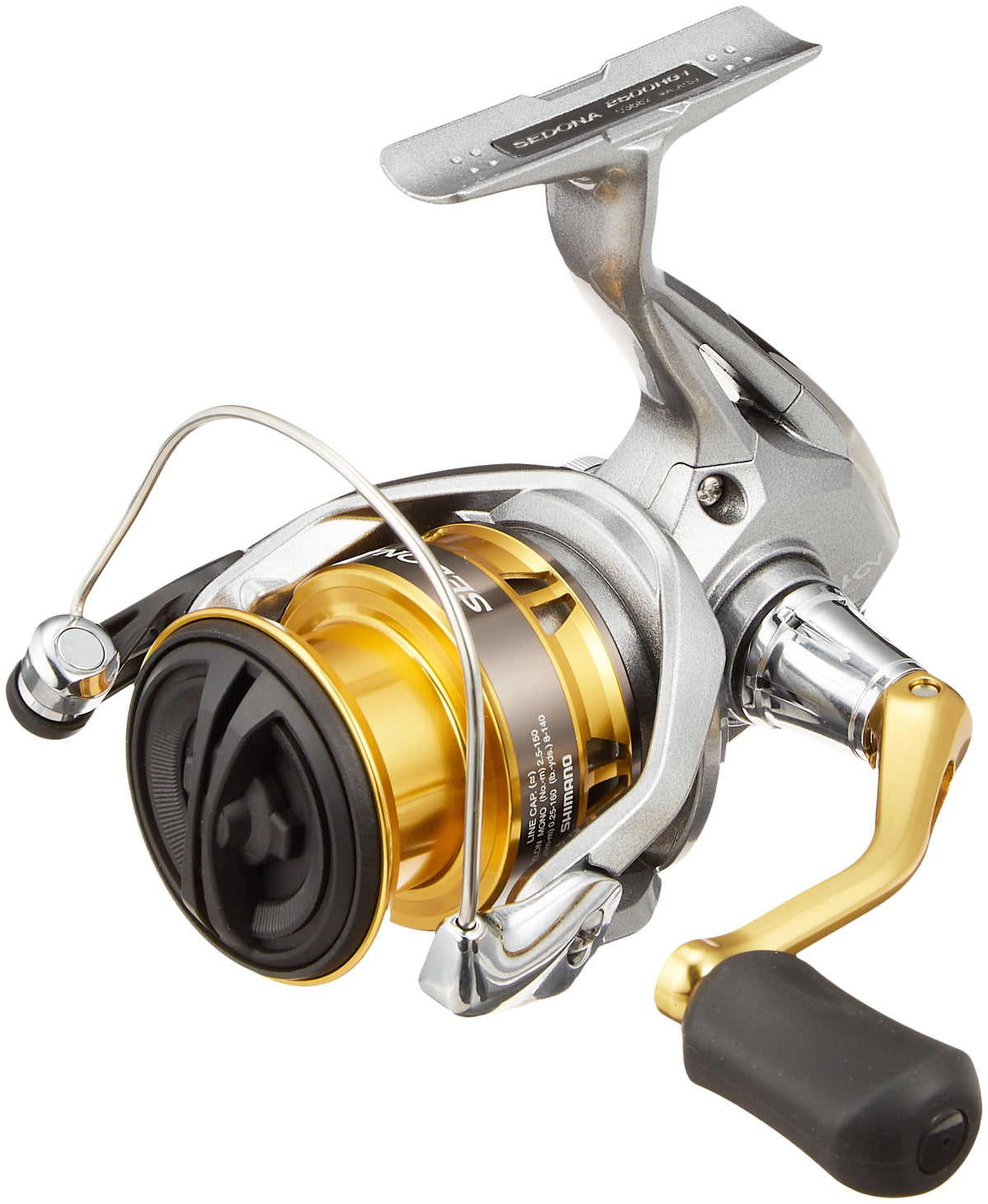 Shimano Sedona 2500HG reel side view showing smooth line winding for freshwater fishing.