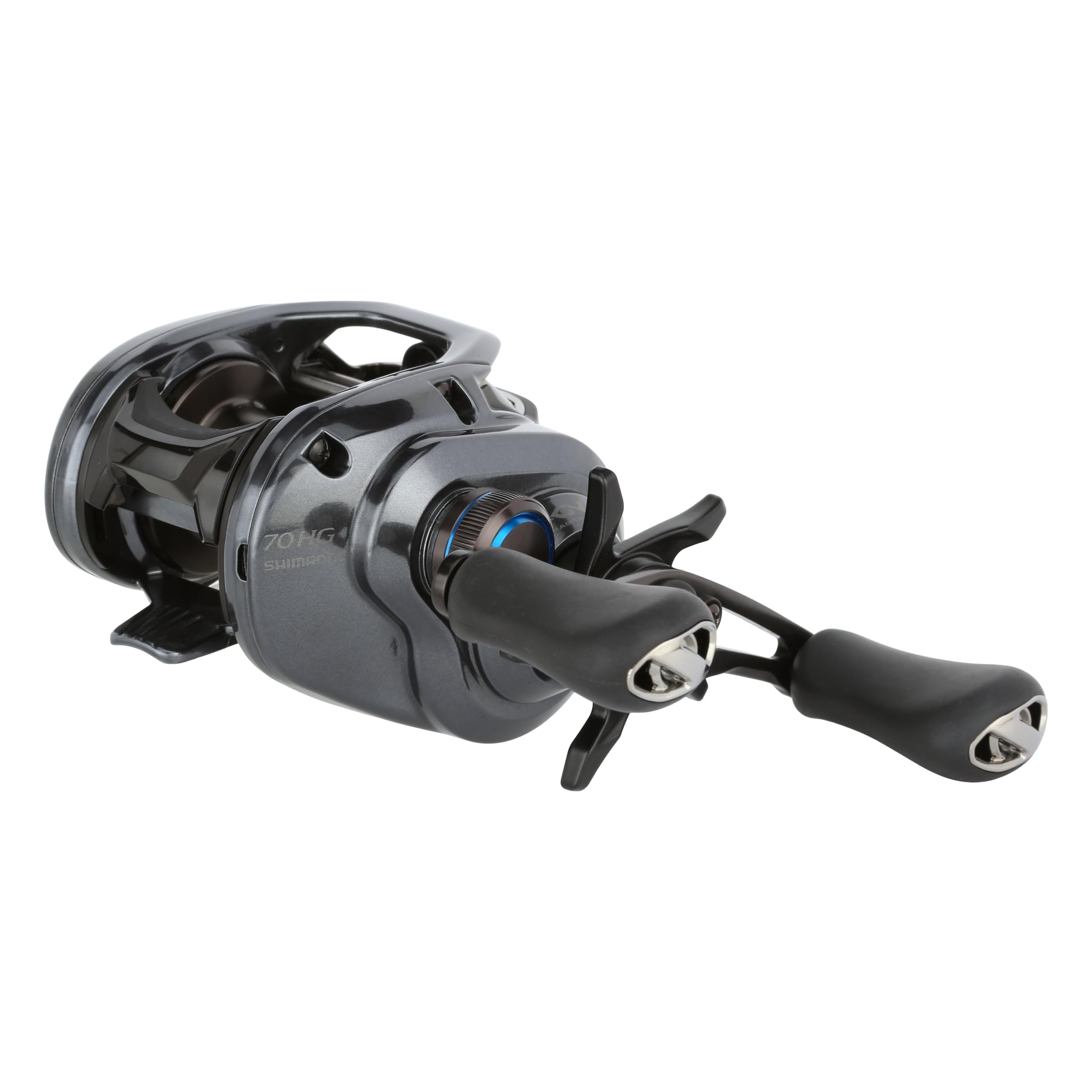 SHIMANO SLX70HGA reel in hand, showcasing compact low-profile design
