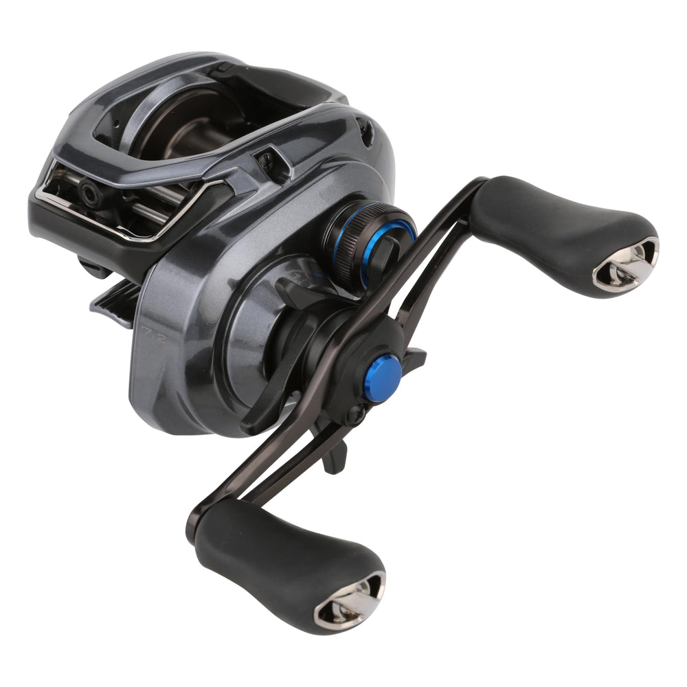 Shimano SLX71HGA reel close-up highlights robust HAGANE body for long-lasting use.