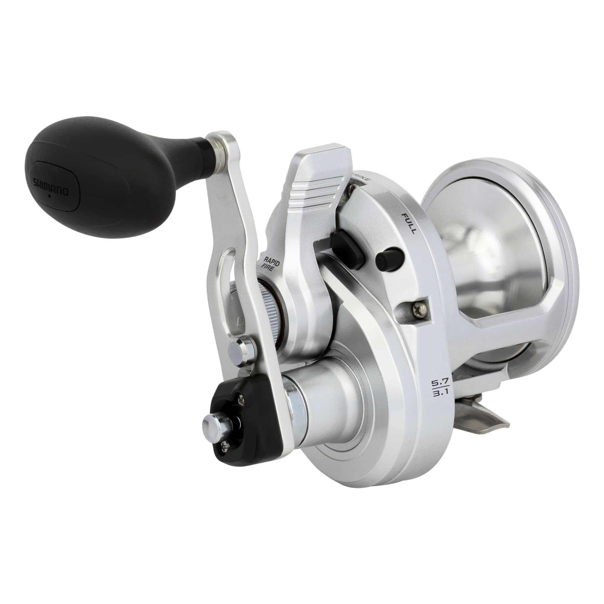 SHIMANO SPEEDMASTER II reel side view highlights rugged saltwater build for durable casting.