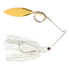 SHIMANO Swagy Strong TW spinnerbait white skirt detail enhances water flash in sun.