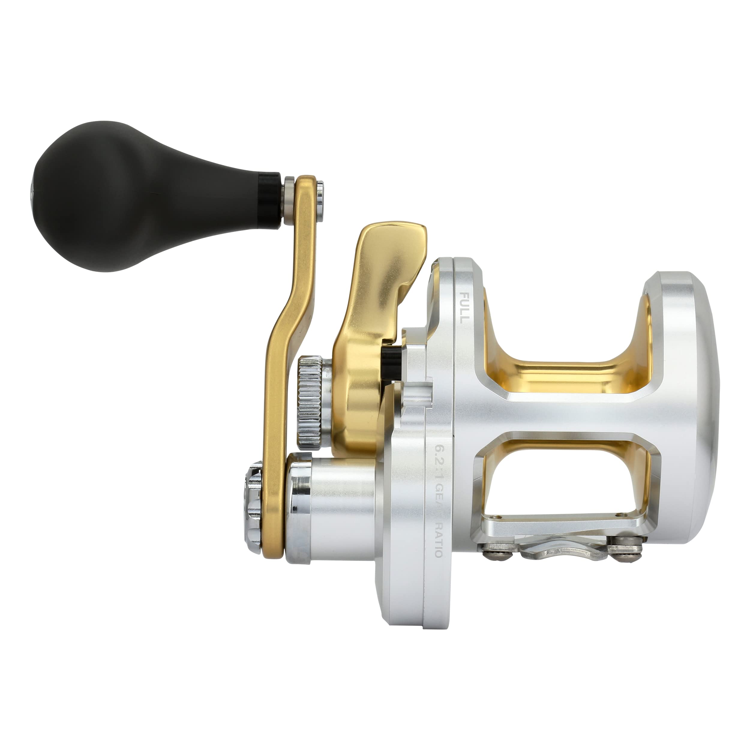 SHIMANO Talica TAC8 reel side view showing compact profile for easy handling.
