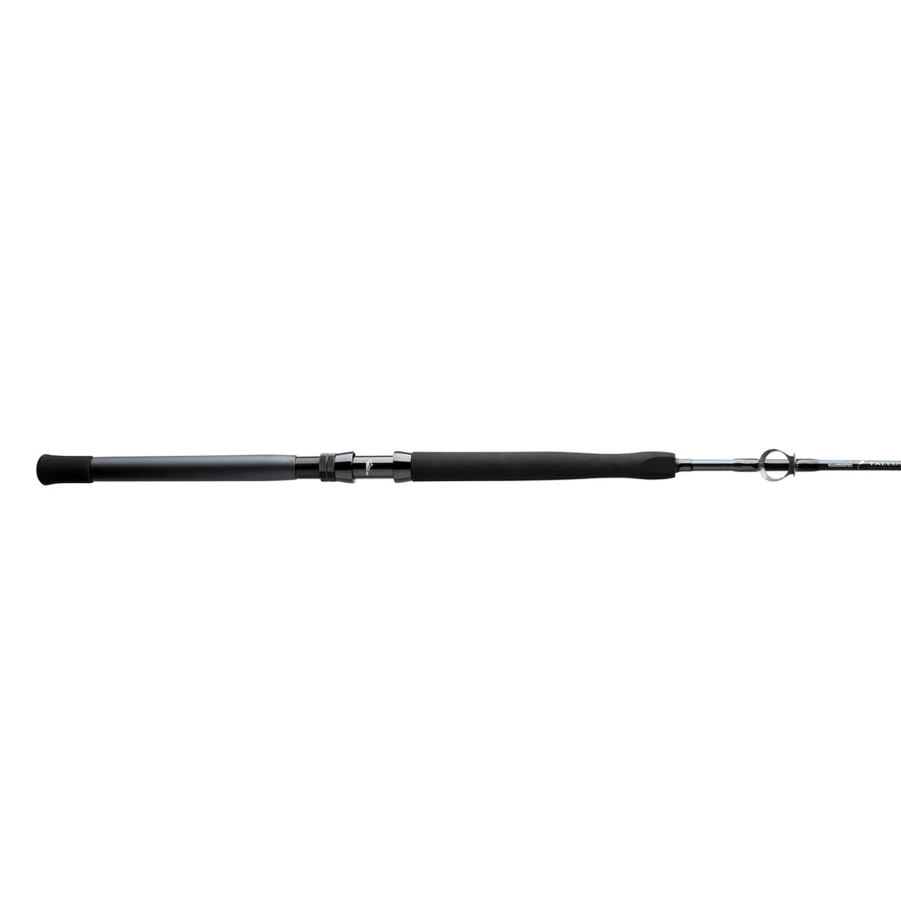 Shimano TALLUS CST 59 XXH TRL SLBU Blu rod top view with Fuji O Guides for smooth line flow.