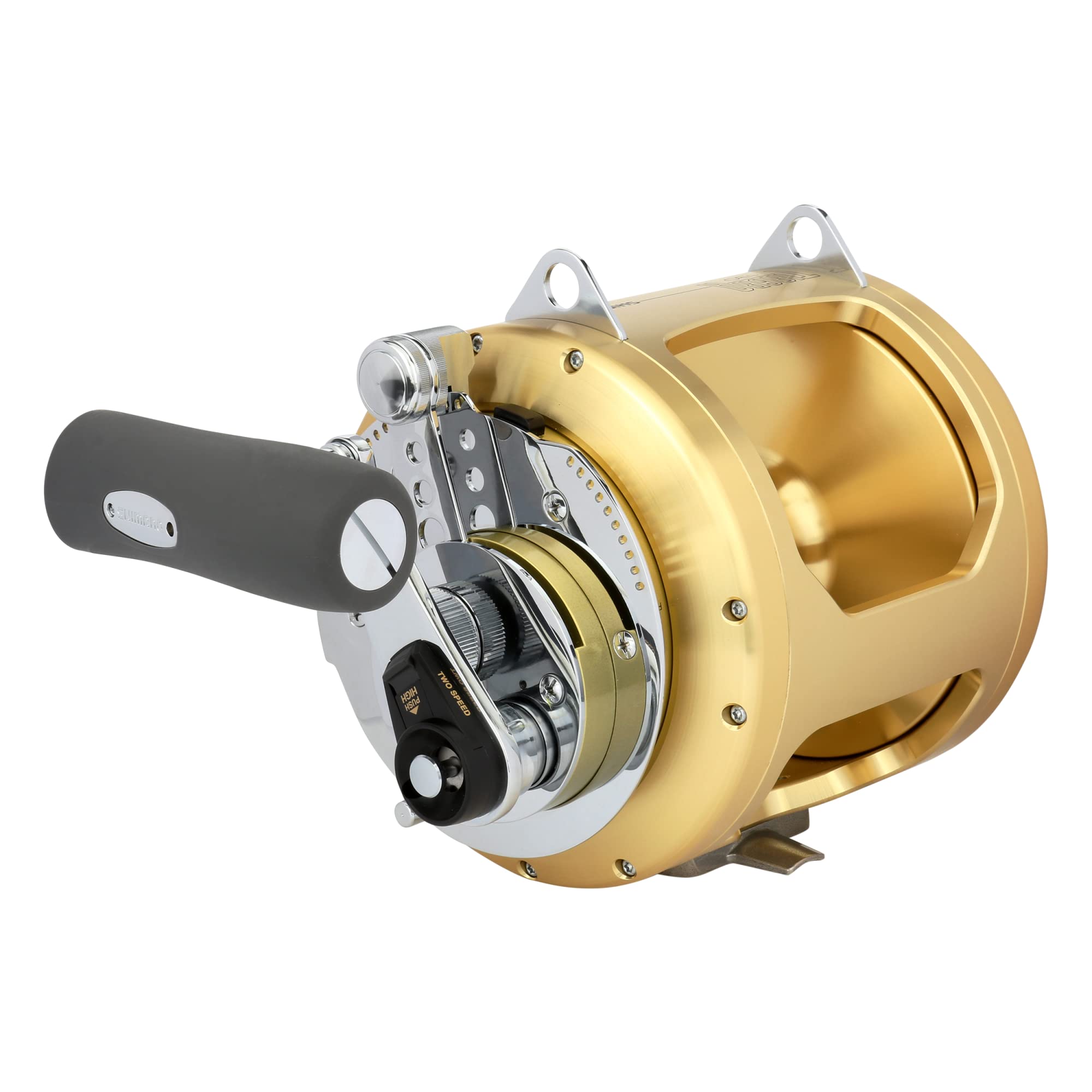 Shimano Tiagra 130A front view, rugged trolling reel for saltwater trips.