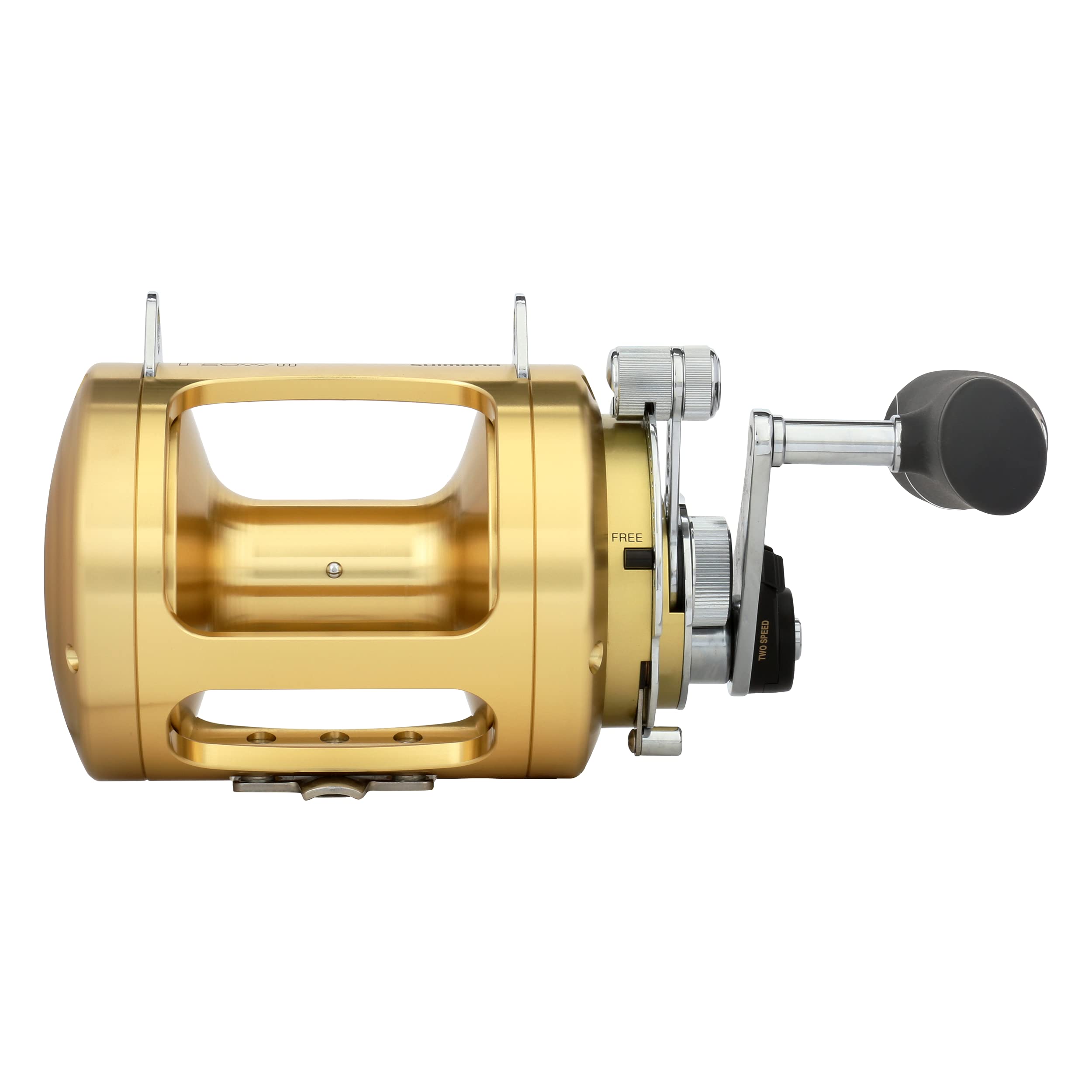 Shimano Tiagra 50A long-range 2-speed reel, side view highlights durable build.