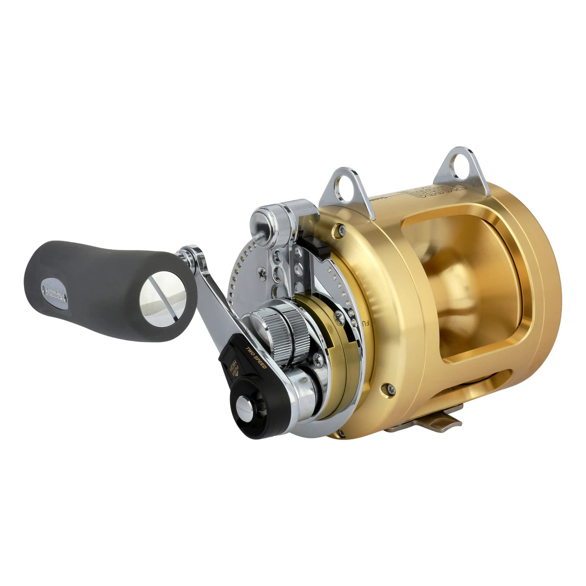Shimano Tiagra 50A 2spd trolling reel closeup highlighting rugged offshore durability.