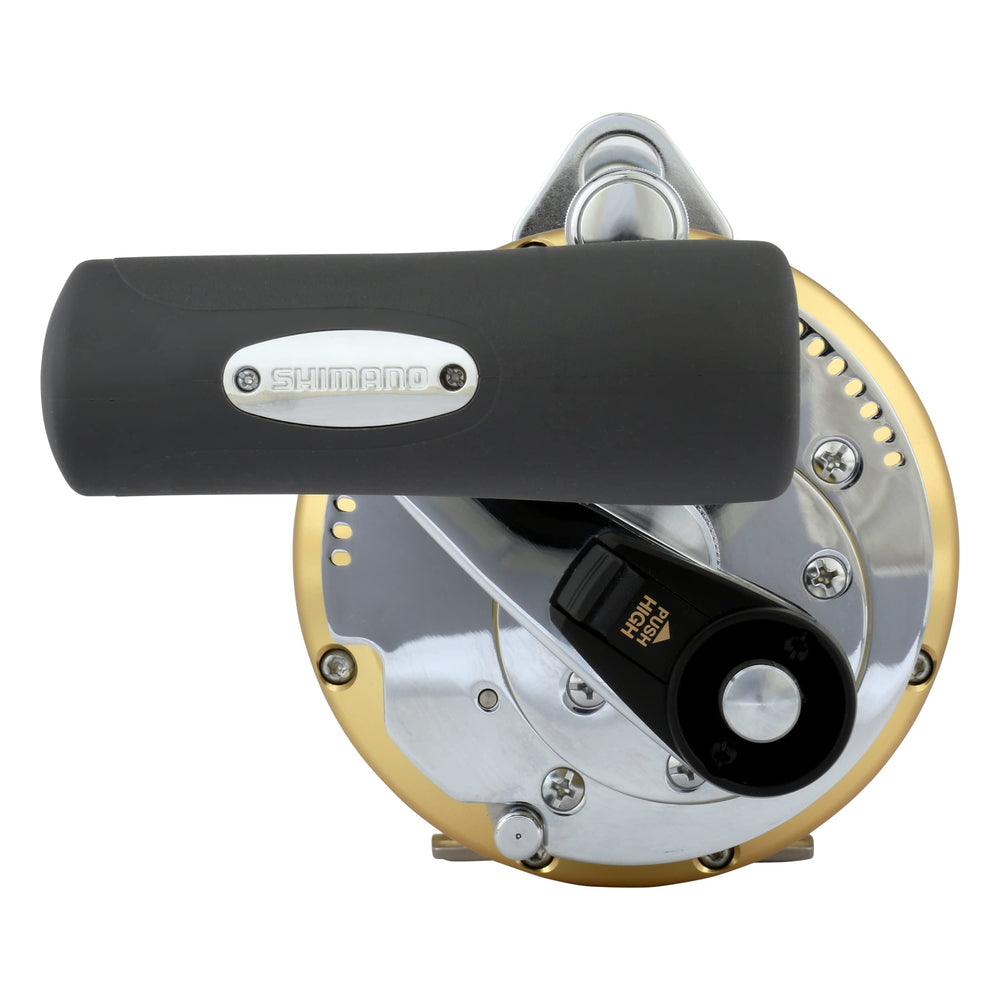 Shimano TIAGRA 50WA trolling 2 SPD handle provides ergonomic grip for comfortable retrieves.