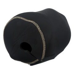 Detail of the gold Tiagra logo on shiny black fabric.