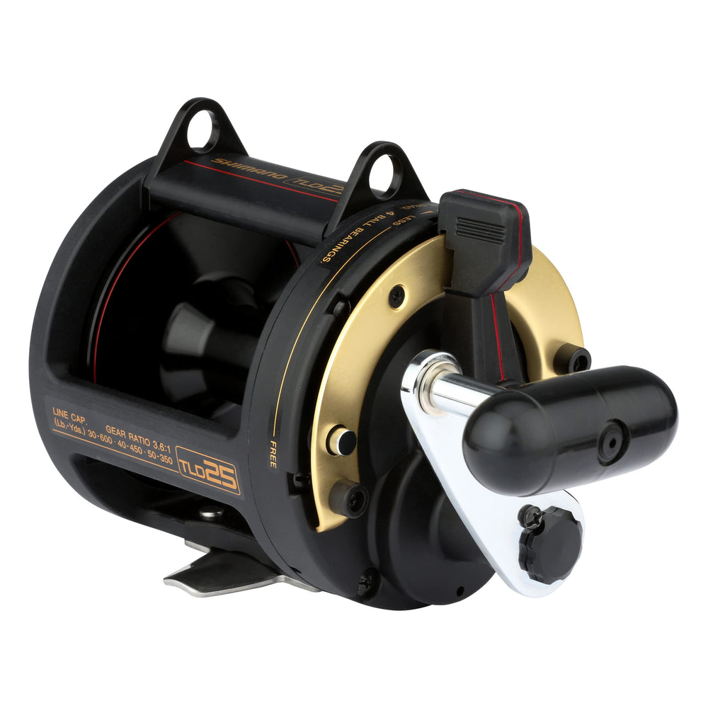Shimano TLD25 power handle with oil-ported knob for smooth cranking.