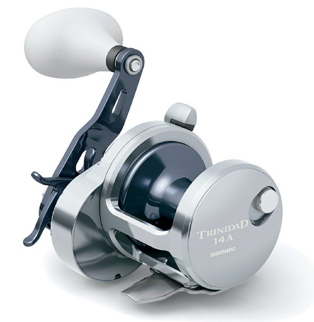 Shimano Trinidad TN14A reel front view highlighting durable HAGANE body for tough trolling