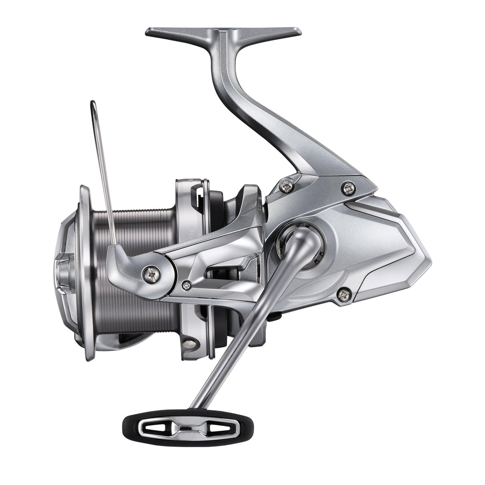Shimano Ultegra 14000XS E reel side view with ergonomic handle design.