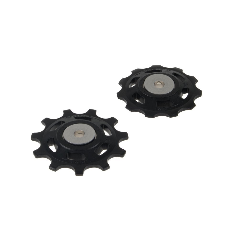 Close-up of Shimano XT M8000 pulley wheels highlighting durable aluminum construction.