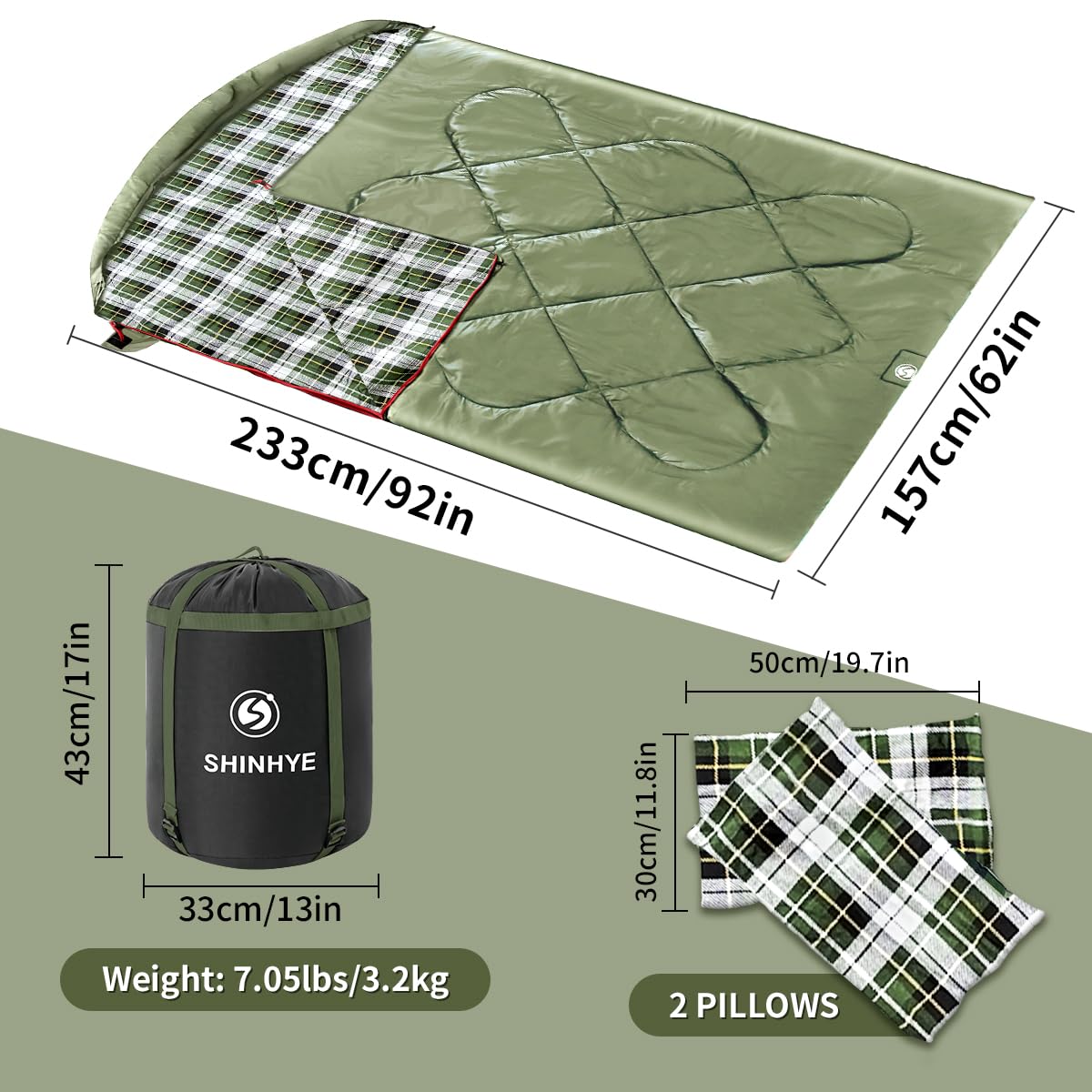 ShinHye double sleeping bag queen size 92x62 inches provides ample sleeping space.