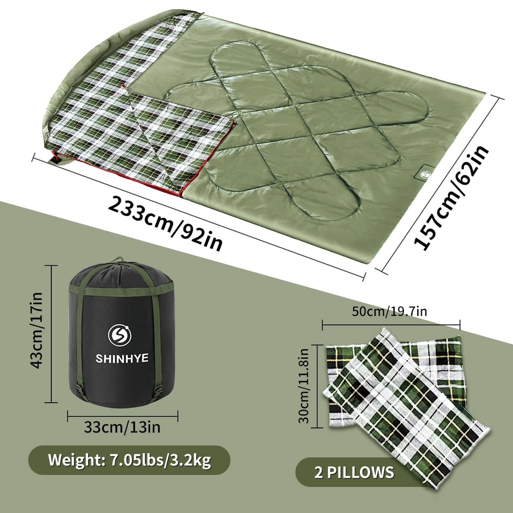 ShinHye double sleeping bag queen size 92x62 inches provides ample sleeping space.