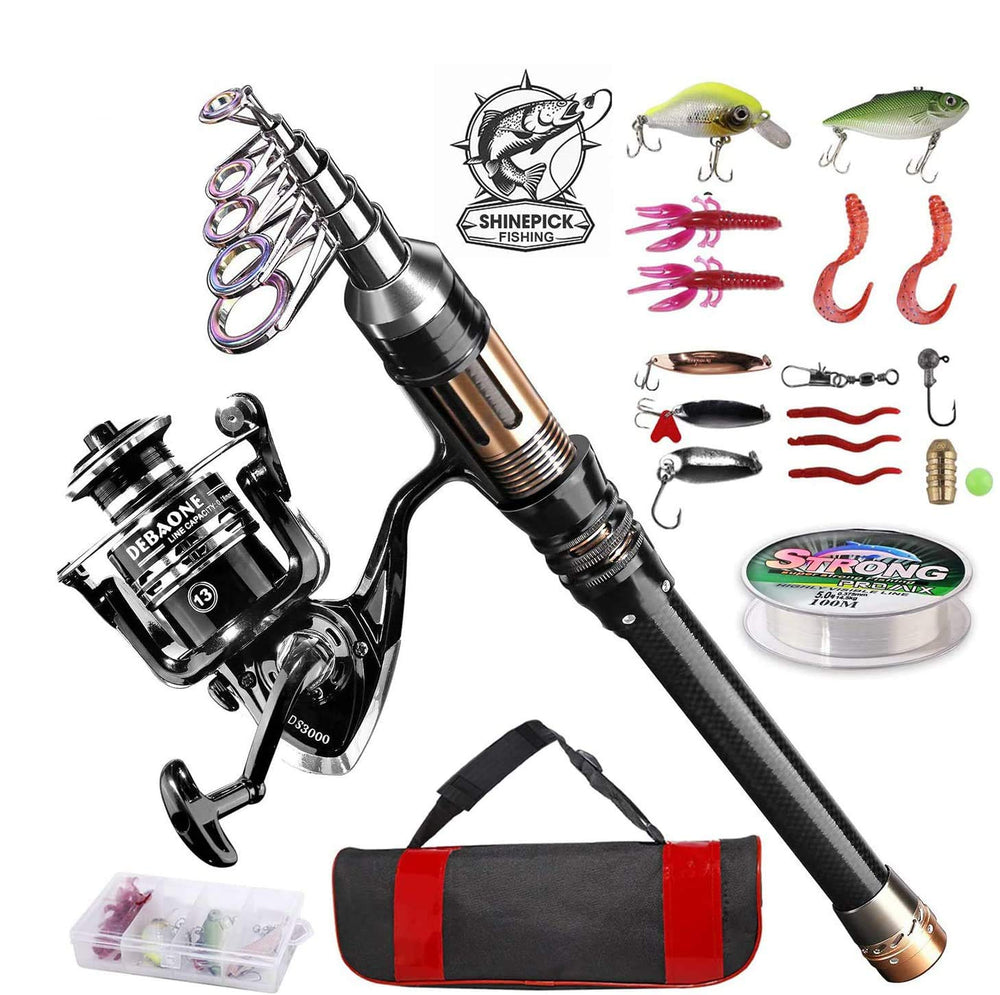 ShinePick fishing rod kit with telescopic rod extended shows travel-ready setup for beginners.