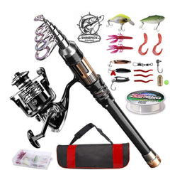 ShinePick fishing rod kit with telescopic rod extended shows travel-ready setup for beginners.